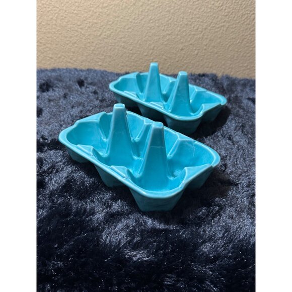 Ceramic Egg Holder Trays  Teal Blue Color  Set Of 2  6 Slots Each - Picture 7 of 8